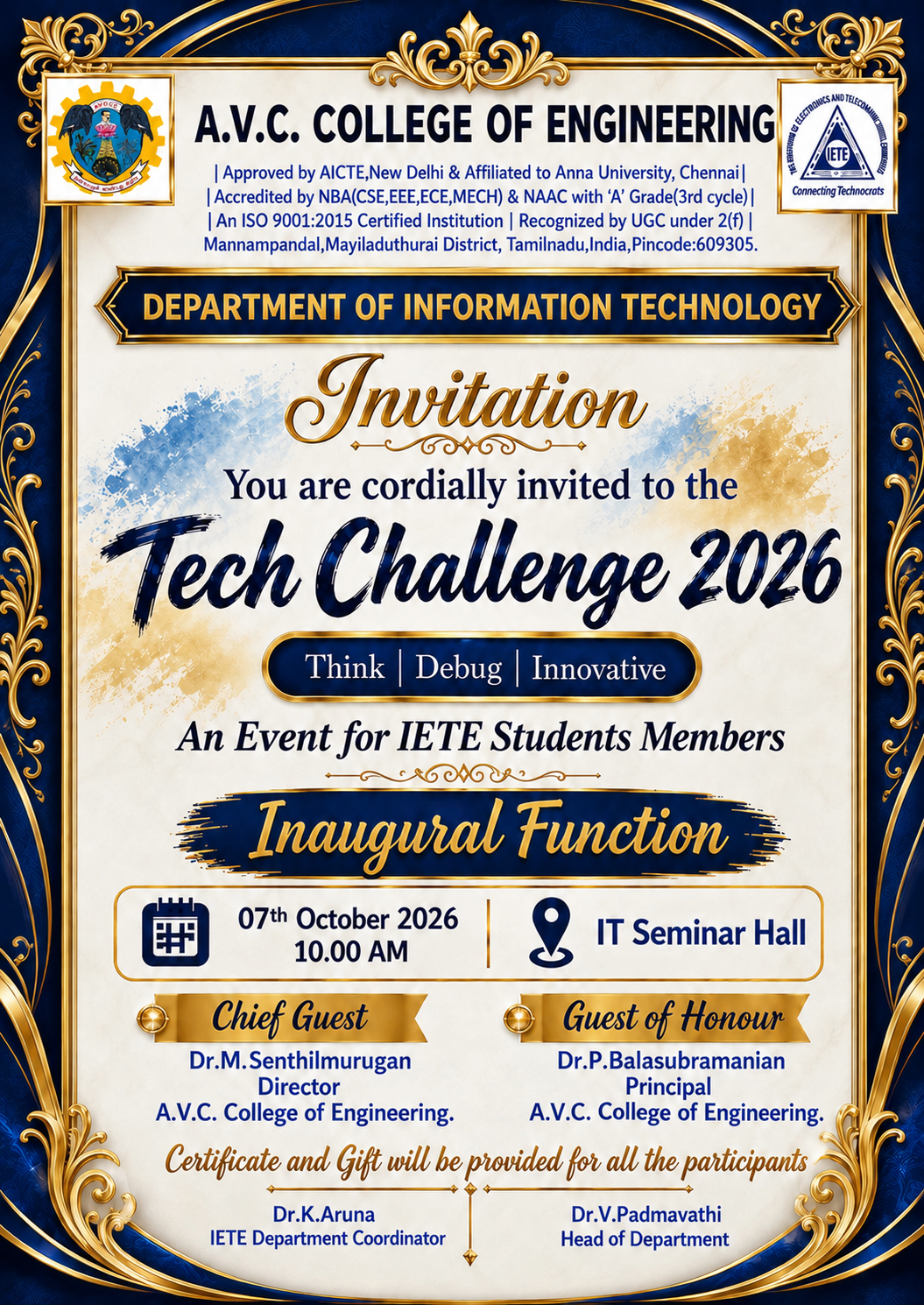 Tech Challenge 2026 Organised by Department of IT and IETE Chapter